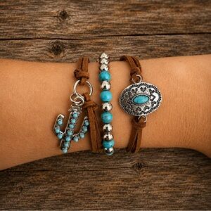 Western Boho Turquoise Cactus 🌵 3 Bracelet Stack Festival Cowgirl Jewelry‎ Set